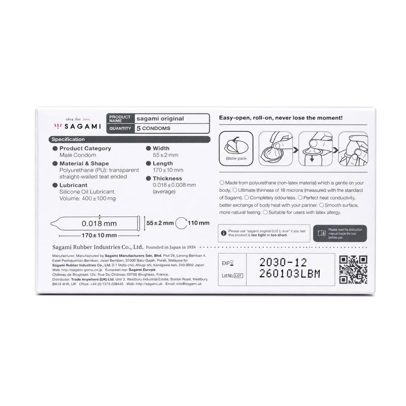 Condones de poliuretano SAGAMI Original 0.01, 5 unidades