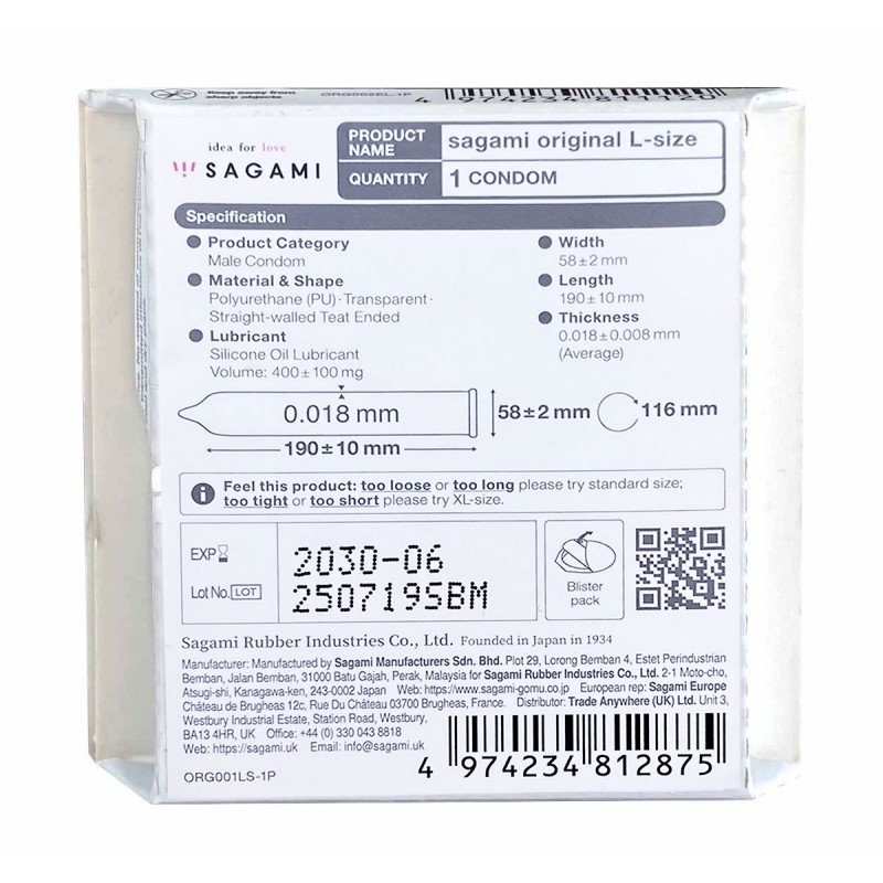 Condones de poliuretano SAGAMI Original 0.01 L-Size (talla grande), 1 unidad