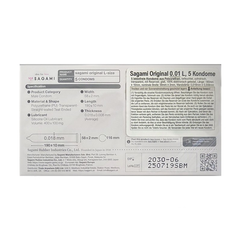 Condones de poliuretano SAGAMI Original 0.01 L-Size (talla grande), 5 unidades