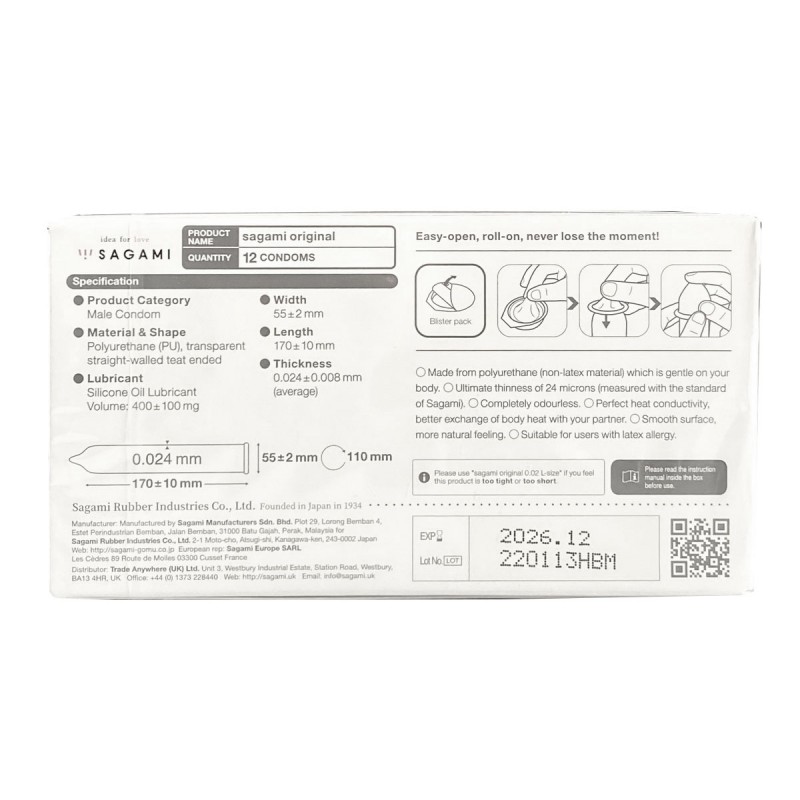 Condones de poliuretano SAGAMI Original 0.02, 12 unidades