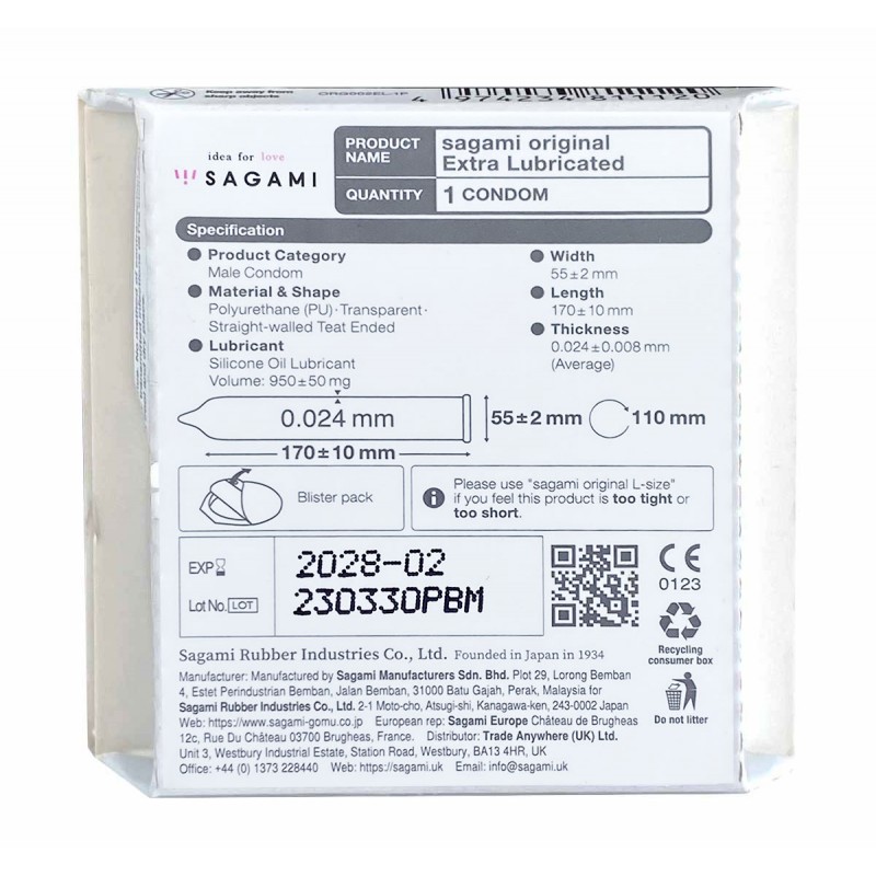 Condones de poliuretano SAGAMI Original 0.02 ExtraLub, 1 unidad
