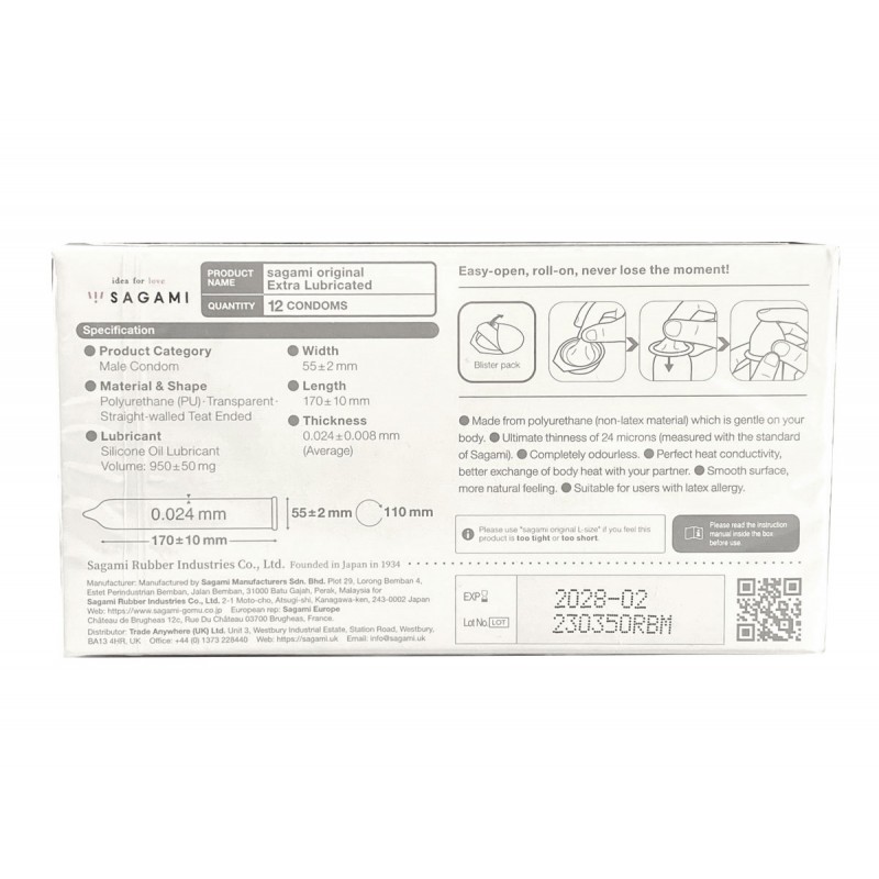 Polyurethan-Kondome SAGAMI Original 0.02 ExtraLub – 12 Stück