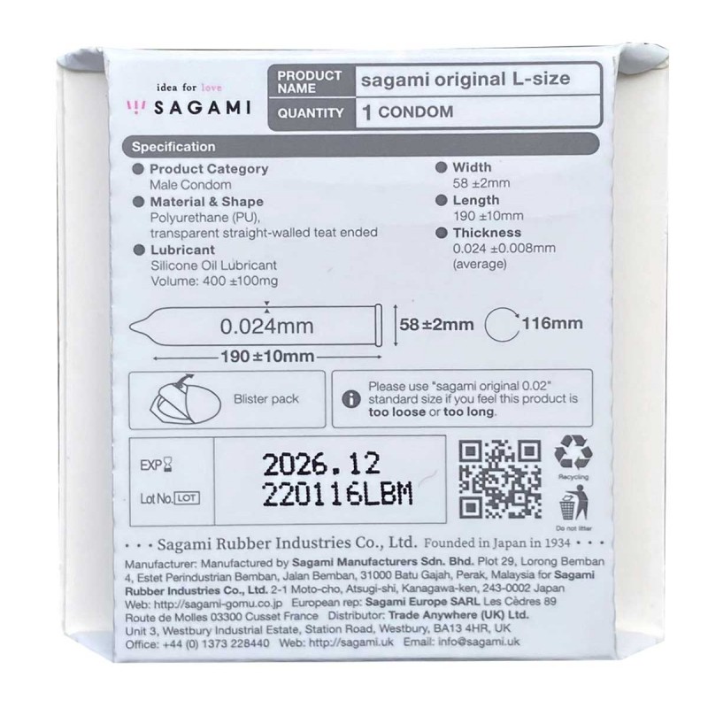 Preservativos de poliuretano SAGAMI Original 0.02 L-Size (Tamanho Grande) 1 unidade