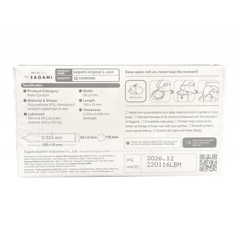 Condones de poliuretano SAGAMI Original 0.02 L-Size (talla grande), 12 unidades