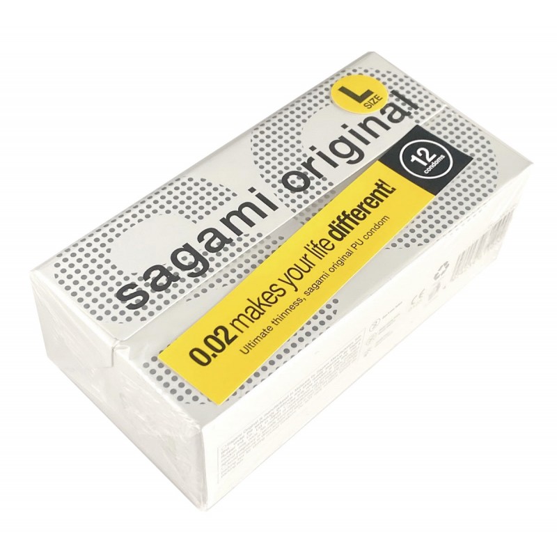 Condones de poliuretano SAGAMI Original 0.02 L-Size (talla grande), 12 unidades