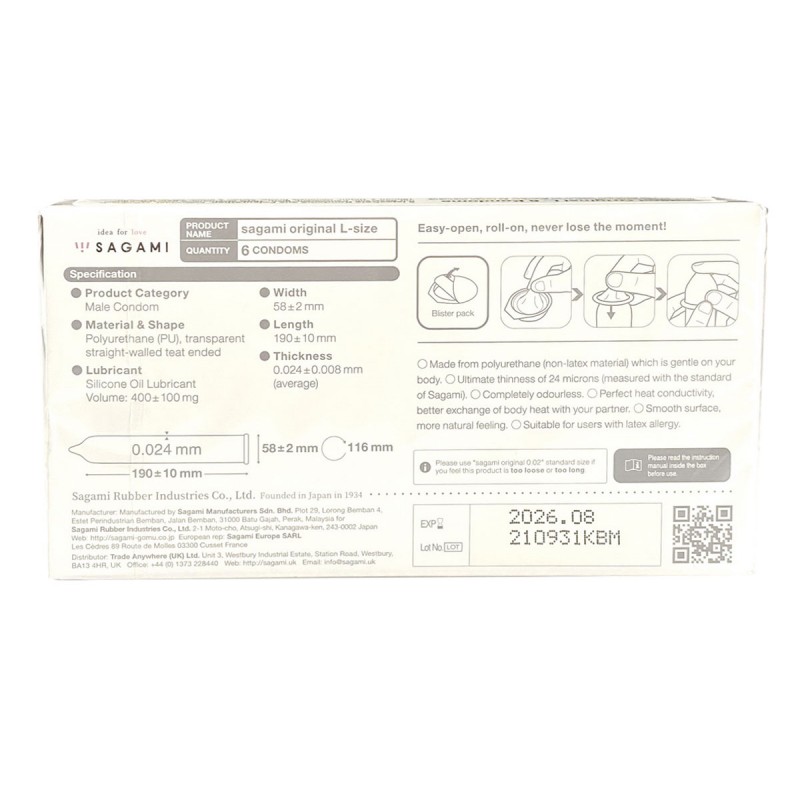 Polyurethan-Kondome SAGAMI Original 0.02 L-Size (groß) 6 Stück