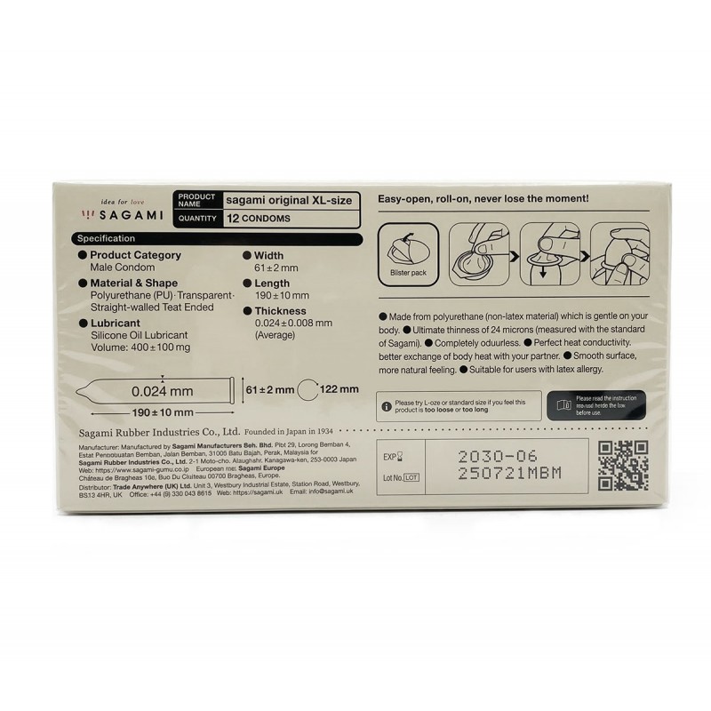 Preservativos de poliuretano SAGAMI Original 0.02 XL-Size (Aumentados) 12 unidades