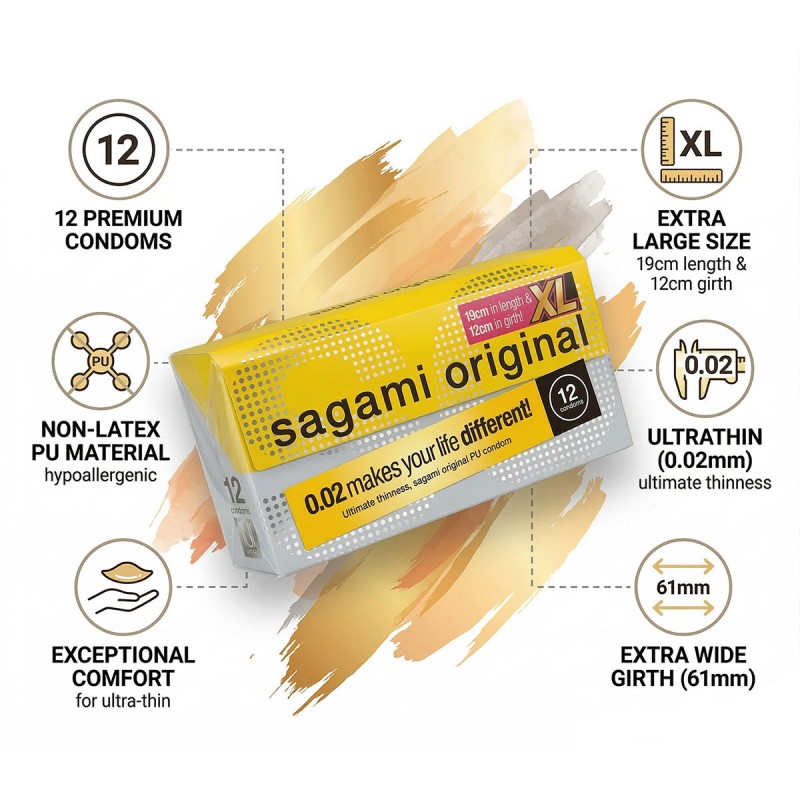 Preservativos de poliuretano SAGAMI Original 0.02 XL-Size (Aumentados) 12 unidades