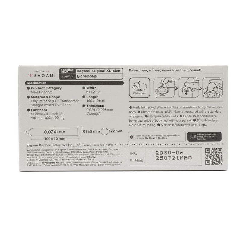 Preservativos de poliuretano SAGAMI Original 0.02 XL-Size (Aumentados) – 6 unidades